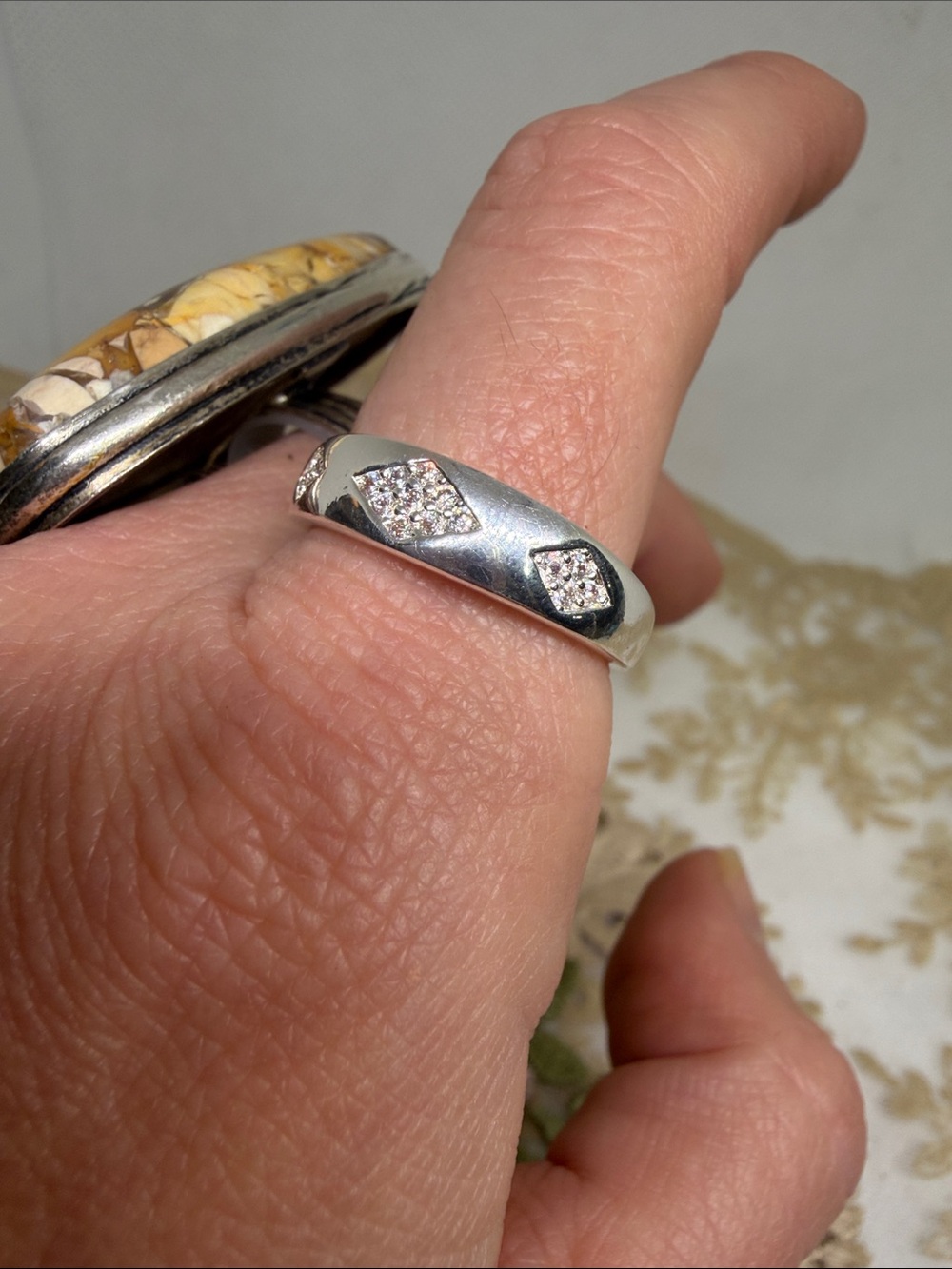 925 Sterling Silver CZ Geometric Ring Unisex Old Vegas 70s Glam